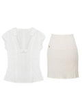 Offer On The Day Of Rest White V-Neck Bow Repair Shirt & Sesame Skirt Short-Sleeved Top