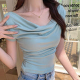 0829# Folded Design Sense Chestless Cushion Integrated Short-Sleeved T-Shirt Repair Pure Color Carefully Hottie Top