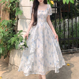 First Love French Style Collar Romantic Floral Spun Dress Women's Summer Large-Size Temperament To Close The Waist Thin Fairy Dress