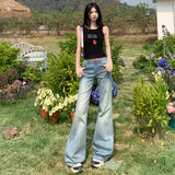 2025 Slim Horn Pants Retro Ice Blue Trumpet Jeans Women Design With A Sense Of Repairing Horseshoe Pants