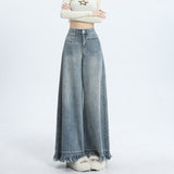 Hairy Light Blue Broad-Legged Jeans Women's New Design High-Waisted Loose-Hanging Trousers Skirt