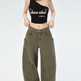 New Army Green Vintage Design Sense Big Pocket Knife Jeans Women's Drag Broad Legs