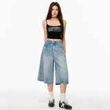 Cream Blue Seven-Point Trousers Summer Thin Straight Loose Thin Denim Trousers 2025 Burst Spandex