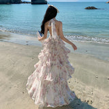 2026 New French Holiday Style Print Hanging Neck Chiffon Cake Dress Women's Collar Dress Summer Super Fairy Photo