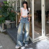 Nostalgic Polished Yellow Water Wash Straight Broad Leg Trousers Jeans Trousers Length