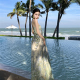 2026 High-End Design Beautiful Sling Dress Women's Summer Mesh Printing Temperament Lanky Seaside Vacation