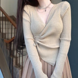 Autumn And Winter V-Neck Knitted Bottom Shirt Women Take Autumn And Winter French Waist Irregular Sweater Long-Sleeved Knitted Shirt Top