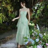 Design High-End Tea-Smelted French Chic Beauty Small Fragrant Seaside Holiday Mint Manbo Green Hanging Neck Dress