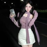 2025 Autumn And Winter New Pure Lusty Temperament Shoulder-To-Shoulder Ribbon Design Design Design Of The Long-Sleeved Top Woman