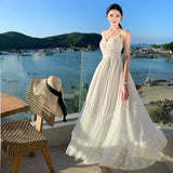 New French-Style White Moon Lace Spliced Back Summer Seaside Seaside Sling Dress