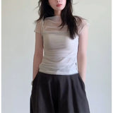 Net Yarn Spliced White Perspective Shoulder Short Sleeve T-Shirt Girls Summer Particularly Beautiful Threous Small Top Thin