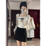 Pure Wind Design With Bow Slings Knitted Shirts Two Sets Of Women's Spring New Small Clothes On The Tide