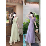 Summer Gentle Lotus Leaf Side V-Neck Bubble Sleeve Dress Large-Size Fat Mm Temperament With Lumbar Texture Long Dress