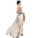 Sexy Temperament Heavy Industry Hanging Neck Sling Dress Women's Summer Dress White Bare Back Seaside Beach Skirt