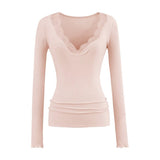 Lace V Collar Inside The Bottom Shirt Women's New Low-Collar Pure Sexy Tea Art Long-Sleeved White Top