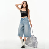 Cream Blue Seven-Point Trousers Summer Thin Straight Loose Thin Denim Trousers 2025 Burst Spandex