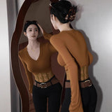 Design Lace Splicing With Long-Sleeved T-Shirt Top Autumn And Winter Unique Hot Girl Curry V Collar Shoulder-Bottomed Shirt Woman