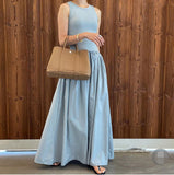 Korean Version Of The Summer Simple Round Collar Show Thin Splicing Folded Elastic Waist Skirt Sleeveless Long Dress 6 Colors