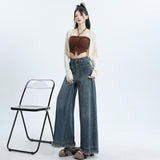 Hairy Light Blue Broad-Legged Jeans Women's New Design High-Waisted Loose-Hanging Trousers Skirt