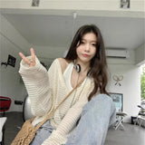 Lazy Style Design Hollow Long Sleeve V-Neck Knitted Shirt For Girls Summer Loose High-End Sunscreen Shirt Chic Top