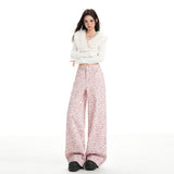 Design Sense High Street Hanging Casual Retro Pink Leopard Straight-Legged Jeans Women Loose Trousers