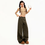 Broken Flower Design Denim Trousers 2025 New Autumn And Winter Comfortable Mop Retro Leisure Every Day Lazy Wind