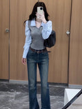 Striped Two Pieces Spliced Long-Sleeved T-Shirt Women's Early Autumn New Casual Design Slimming Top
