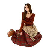 Xinjiang Sichuan West Tourism Wear Set Two Sets Of One-Word Shoulder Hanging Neck Long-Sleeved Shirt + Folding Retro Lattice Skirt
