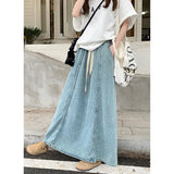 Real Shooting 2025 Korean Version Of The Retro Water Washing Tight Waist Draw Cowboy Half-Body Skirt In The Long Loose A-Word Big Swing Skirt