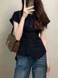 French Temperament Black Polo Collar Short-Sleeved Shirt Women's Summer Thin Shirt Unique Beautiful Big Look Top