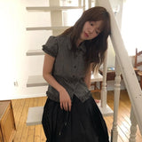 Korean Ins Summer Retro Temperament Folding Lace Lattice Thin Leisure Buckle Buckle Short-Sleeved Shirt Top 2 Colors