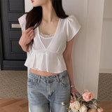 Korean Pure Lust Wind V-Neck Short Sleeves To Close The Waist Small Flying Sleeve Doll Shirt Women Summer With High-Waisted Short-Sized Straps