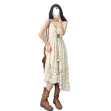 Romantic Languid Retro Hollow Tidal Lace Dress Tie Seaside Holiday Dress Beach Dress