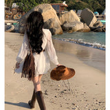 High-Grade Big-Name Sweet Peach White Long-Sleeved Sunscreen Dress Women's Holiday Small White Dress Small Man To Give Belt
