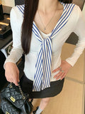 French Striped Shawl V-Neck Long-Sleeved T-Shirt For Women's Autumn Design Small-Hitting Shirt Outside Wearing Two-Piece Top Tide