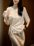 The Moon Silk Flowers Roo Tucked Small Shirt ~ Tassel Buckle Design Blouse Summer New
