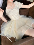 2025 New Breeze Bell Lanchi Sweet Princess Wind Bow Bow Eogen Yarn Short Dress Ponpong Dress Woman Summer