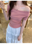0829# Folded Design Sense Chestless Cushion Integrated Short-Sleeved T-Shirt Repair Pure Color Carefully Hottie Top