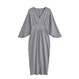 French Temperament Folded V-Neck Seven-Sleeved Dress Women's Knitted Long Dress Open Pocketed And Waist-Poked Skirt New