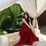 2025 Is Suitable For Travel To Thailand Wearing Vintage Wine Red Sleeveless Hanging Neck Loose Dress Seaside Holiday Wind