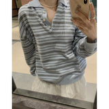 Spring 2025 New Korean Blogger Wears Striped Collar Retro Casual Loose Knitted Shirt Top