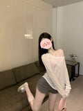 Korean Version Of The Design Feel Shoulder-To-Shoulder Perspective Sunscreen Long-Sleeved T-Shirt Spring And Autumn Pure Wind Open Fork Shirt Casual Top Woman