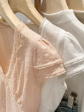 Sweet Lace Pink Splicing V-Neck Short-Sleeved T-Shirt Summer New Korean Niche Design Blouse