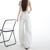 New Paris Buckle Adjustment Waist Design White Jeans Women High-Waisted Loose-Ragging Wide-Legged Trousers