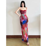 Net Yarn Dyed Sling Dress Women 2026 New French Seaside Vacation Waist Thin Ass And Hips Temperament