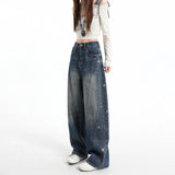 2026 Spring New Full Star Glitter High-Rise Loose Broad-Legged Jeans Women Thin Straight Tube Trousers