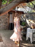 Irregular Out-Of-Shoulder Violet Flower High-End Design Long Dress Fairy Fluttering Dress Small Sleeves Hanging Skirt