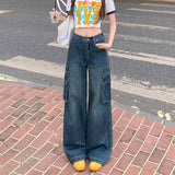Vintage Blue Water Wash Trousers Jeans Women's New Retro High-Waist Straight Broad Leg Pants