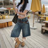 Vintage Water Wash Side Design Wide Legs Denim Seven-Crelei Trousers Casual Niche Design Straight Pants