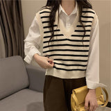 Early Autumn Knitted Vest Women Spring And Autumn New Gentle Lazy Wind V-Neck Striped Knitted Vest Sweater